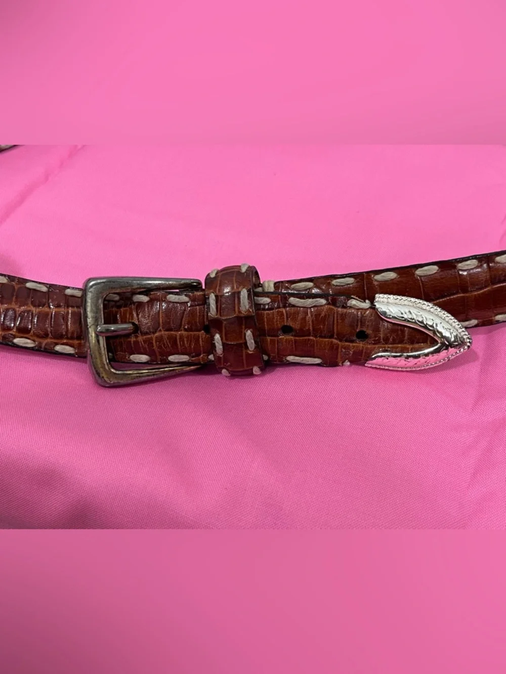 Kenneth Cole Croc Embossed Leather Belt 38 Brown Italian Calfskin Luxury Western